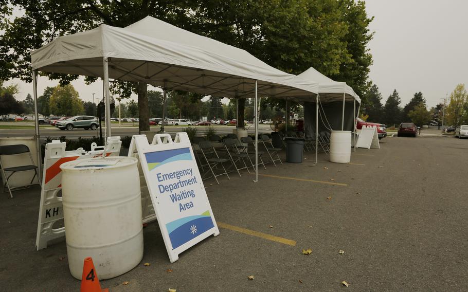 An outdoor emergency department waiting area is photographed at Kootenai Health, Friday, Sept. 10, 2021, in Coeur d'Alene, Idaho. Northern Idaho has a long and deep streak of antigovernment activism that is confounding attempts to battle a COVID-19 outbreak.