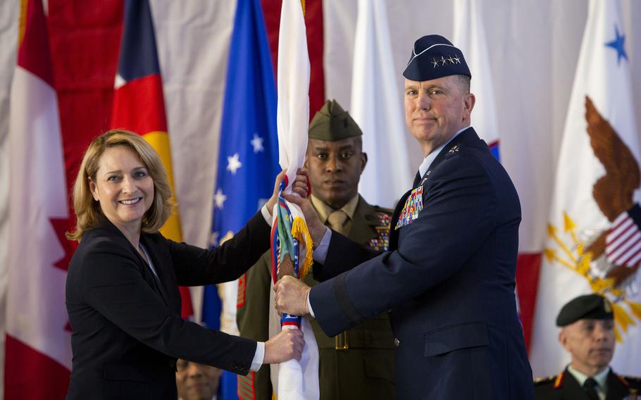 Gen. Gregory M. Guillot accepts command of U.S. Northern Command from U.S. Deputy Secretary of Defense Kathleen H. Hicks during a change of command ceremony at Peterson Space Force Base, Colo., Feb. 5, 2024. Guillot, who previously served as deputy commander of U.S. Central Command, also accepted command of North American Aerospace Defense Command. Also pictured is NORAD and NORTHCOM Command Senior Enlisted Leader Sgt. Maj. James Porterfield. Gen. Glen D. VanHerck relinquished command of the organizations during the ceremony.
