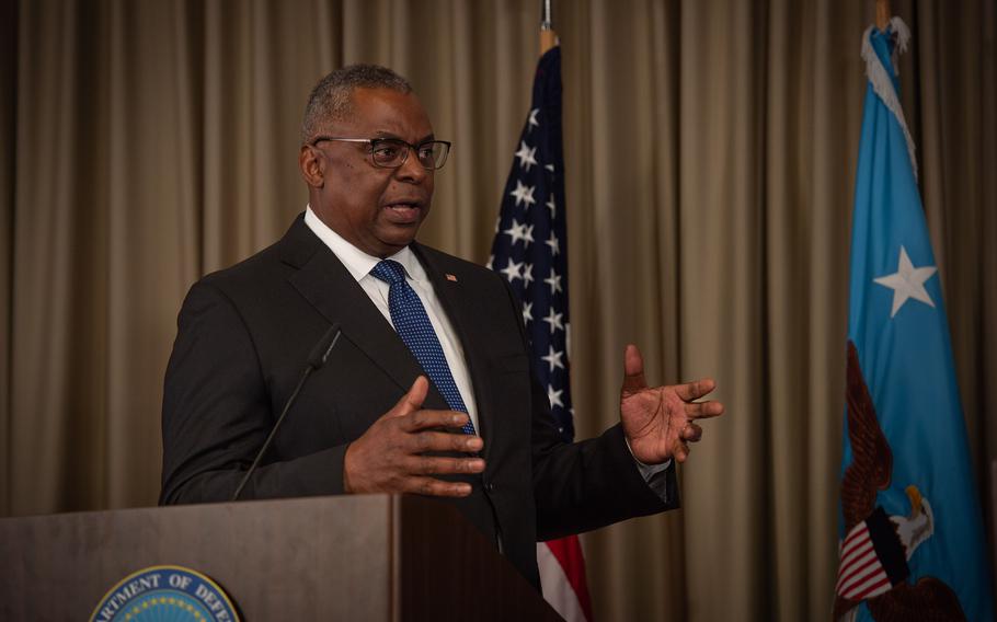 Defense Secretary Lloyd Austin answers questions from reporters in September at Ramstein Air Base in Germany. Austin on Thursday, Oct. 27, 2022, announced the Defense Department’s first National Defense Strategy in four years, a comprehensive security assessment that identifies China, Russia, North Korea, Iran — and climate change — as some of the top threats for which the U.S. military is preparing. 