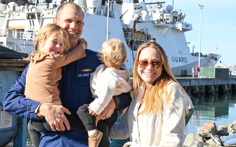 Family and friends celebrate as the U.S. Coast Guard Cutter Waesche (WMSL 751) crew returns to homeport in Alameda, Calif., Dec. 9, 2023. 