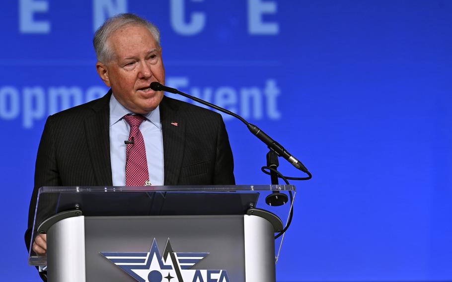 Air Force Secretary Frank Kendall speaks at the 2022 Air, Space and Cyber Conference in National Harbor, Md., Sept. 19, 2022. Kendall said the service is reversing a decision on a set of pay cuts that were to take effect next month.