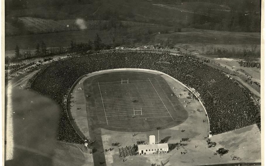 Aerial view of a 1922 Army-Marines football game in Baltimore's Municipal Stadium.