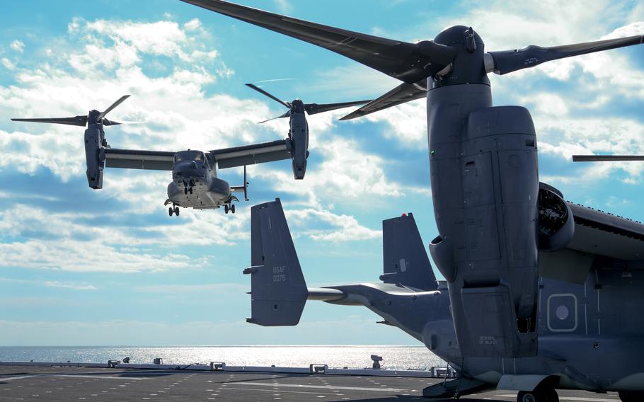 A CV-22 Osprey lands on the flight deck of JS Kaga, a Japan Maritime Self-Defense Force helicopter carrier, during last year's annual Keen Sword exercise in Japan. 