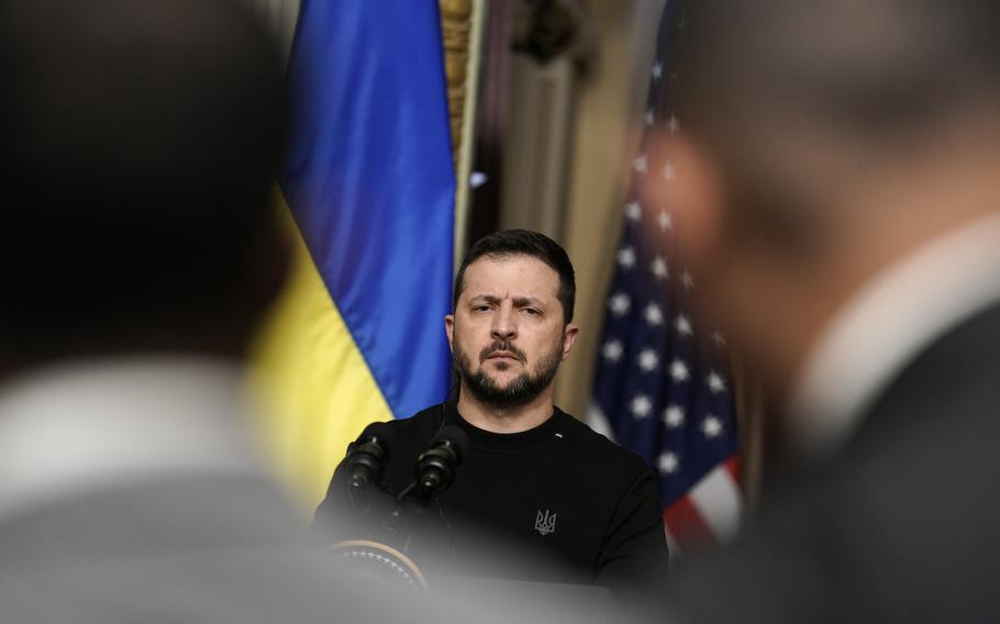 Ukrainian President Volodymyr Zelenskyy during a joint press conference with U.S. President Joe Biden after their meeting at the White House in Washington on Dec. 12, 2023. 