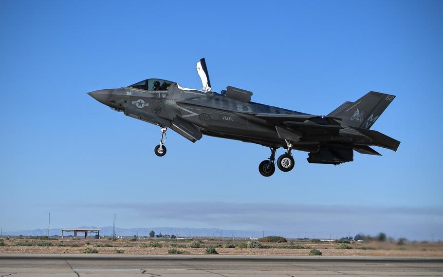 Marine Corps pilot Maj. N.H. “Robo” Thayer conducts a conventional landing of a F-35B Lightning II at Naval Air Facility El Centro, Calif., in February 2021. 