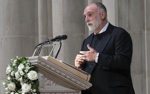 José Andrés speaks during the World Central Kitchen's memorial service at the National Cathedral on April 25, 2024.