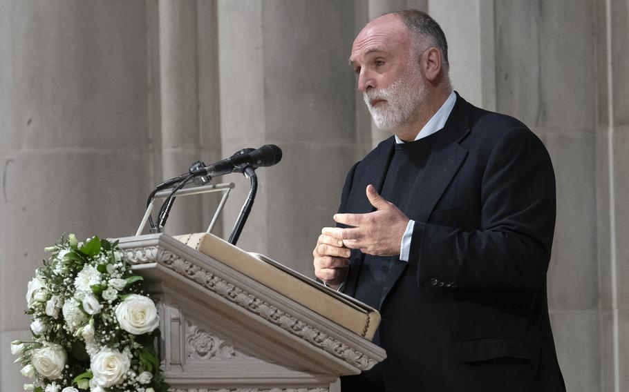 José Andrés speaks during the World Central Kitchen’s memorial service at the National Cathedral on April 25, 2024.