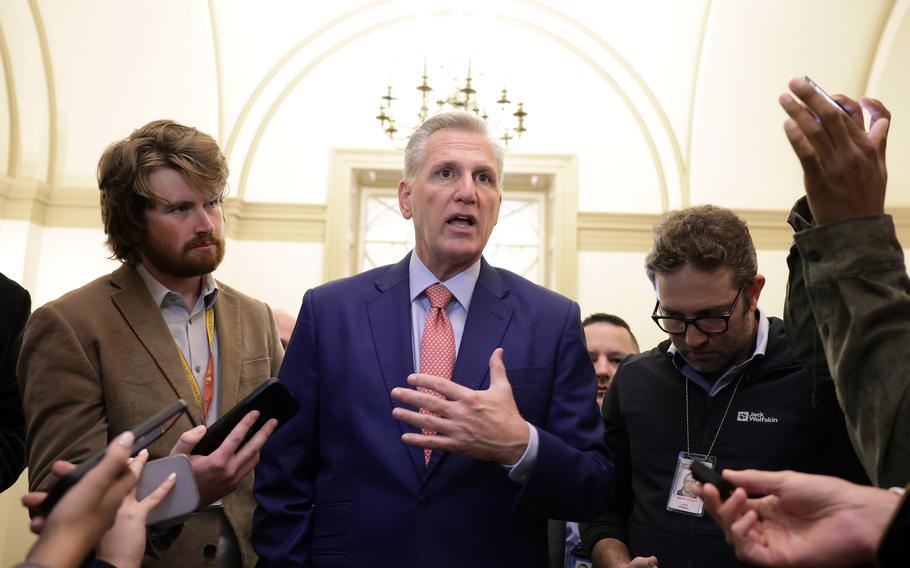 Speaker of the House Rep. Kevin McCarthy speaks to members of the media at the U.S. Capitol on Friday, Sept. 22, 2023, in Washington, D.C. 