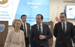 President of the European Commission, Ursula von Der Leyen, left, Cypriot President Nikos Christodoulides, center, and Cypriot foreign minister Constantinos Kombos walk after a press conference at the Joint Search and Rescue Coordination center in Larnaca, Cyprus, on March 8, 2024. Von der Leyen is in Cyprus to inspect facilities at the port of Larnaca from where it's hoped ships will soon start departing for Gaza to deliver aid amid growing international support for the Cypriot initiative to establish a maritime humanitarian corridor to the Palestinian enclave some 240 miles (386 kilometers) away. (AP Photo/Marcos Andronicou)