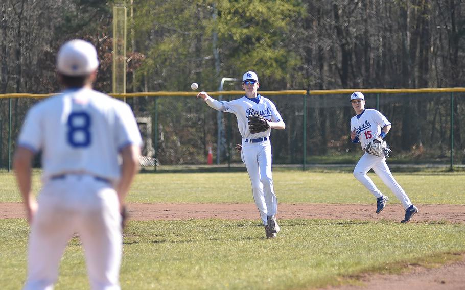 Michael Schmiedel throws to first.