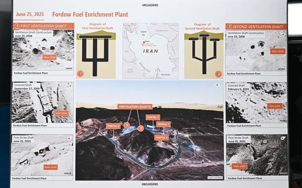 Graphics and maps showing the nucelar site in Iran struck by U.S. bombs.