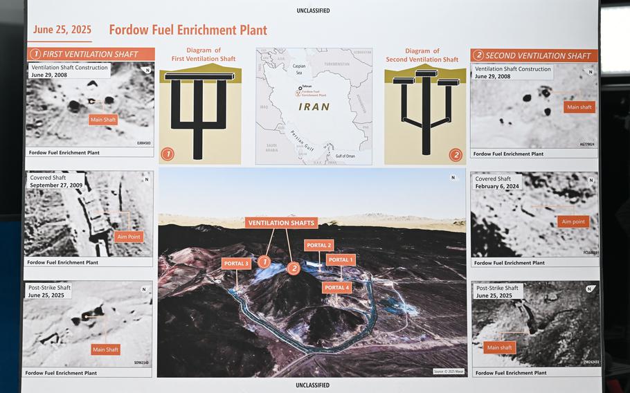 Graphics and maps showing the nucelar site in Iran struck by U.S. bombs.