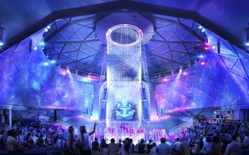 Royal Caribbean’s Icon of the Seas is the first ship to feature an AquaDome, a geodesic dome, rendered above, that will transform from an oasis for guests with wraparound ocean views and a waterfall. At night, it will offer aqua shows in the AquaTheater.