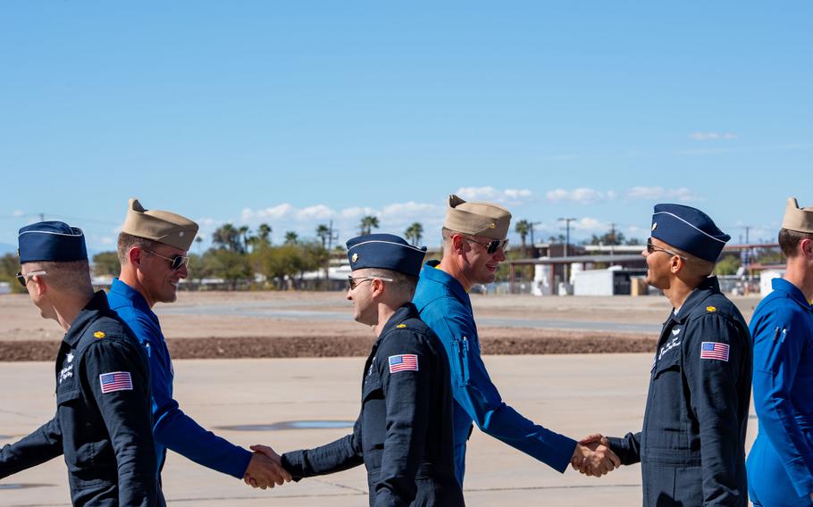 The U.S. Navy Flight Demonstration Squadron, the Blue Angels, welcome the U.S. Air Force Air Demonstration Squadron, the Thunderbirds to Naval Air Facility (NAF) El Centro, Thursday, Feb. 22, 2024.