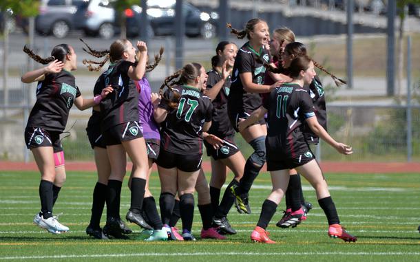 The AFNORTH Lions celebrate their 4-2 win over Sigonella in the Division III girls final at the DODEA-Europe soccer championships in Ramstein, Germany, May 22, 2025.
