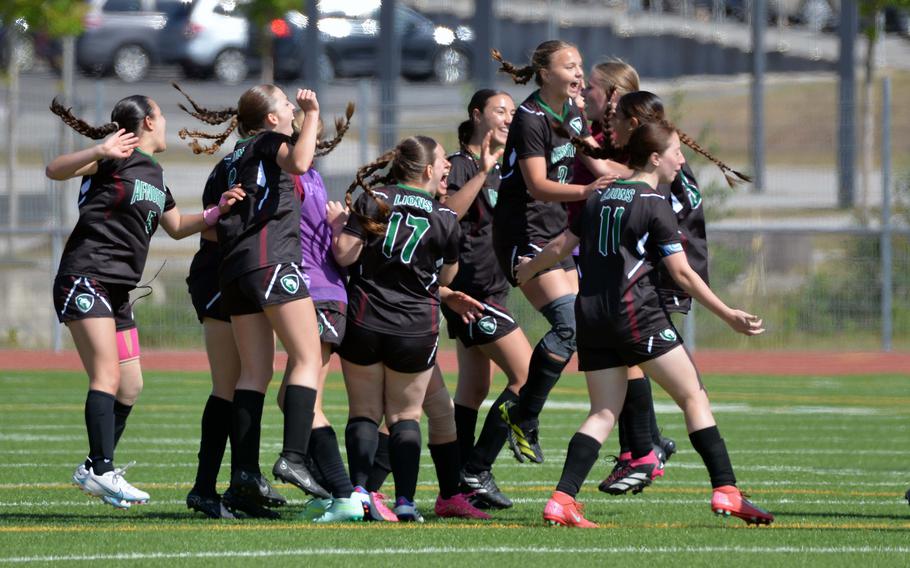 The AFNORTH Lions celebrate their 4-2 win over Sigonella in the Division III girls final at the DODEA-Europe soccer championships in Ramstein, Germany, May 22, 2025.