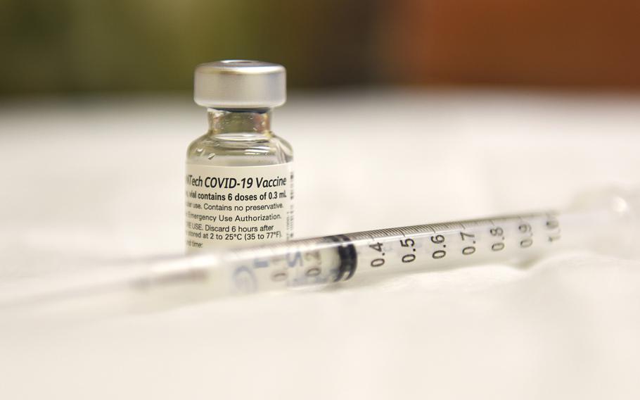 A vial of Pfizer-BioNTech COVID-19 vaccine. The vaccine has arrived in Europe and inoculations for ages 12 to 17 have started in U.S. military communities. Appointments for the vaccine are filling up quickly, military officials said.

Mikayla Heineck/U.S. Air Force