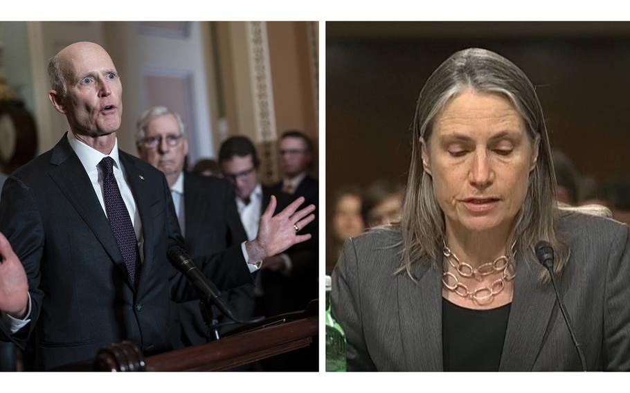 At left, Sen. Rick Scott, R-Fla., speaks during a news conference at the Capitol in Washington, March 8, 2022. At right, in a screenshot from C-SPAN video, former White House national security aide Fiona Hill speaks at a Senate Armed Services Committee hearing on global challenges and security concerns on Wednesday, Feb. 15, 2023.