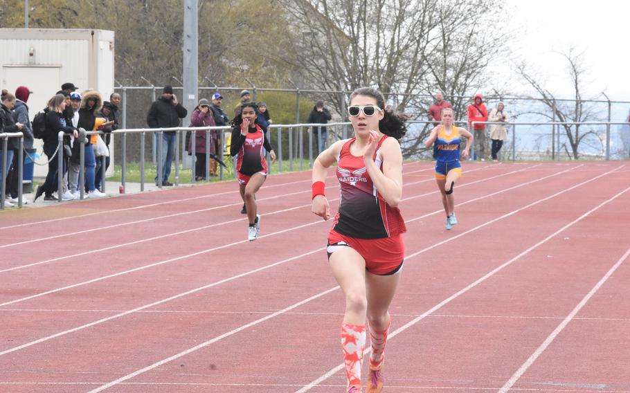 Kaiserslautern’s Piper Parsells won the 800 and finished second in the 400 (pictured) at Wiesbaden High School, Germany, on Saturday. Kaiserslautern finished first among 13 girls’ teams.