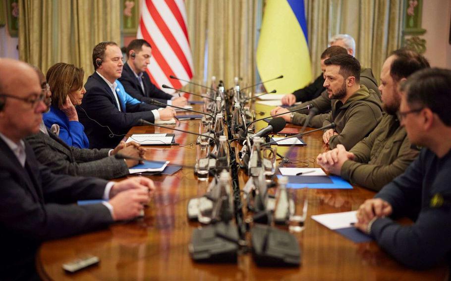 Ukrainian President Volodymyr Zelenskyy, third from right, meets Saturday, April 30, 2022, with a U.S. congressional delegation, including House Speaker Nancy Pelosi, D-Calif., in Kyiv, Ukraine.