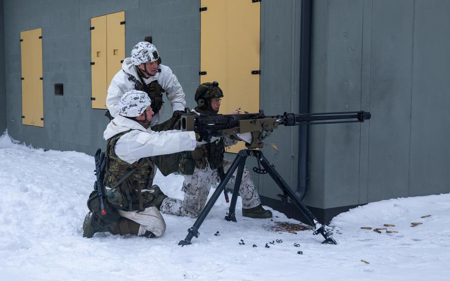 Estonian soldiers man a .50-caliber machine gun during training with U.S. Army counterparts near Camp Tapa, Estonia, Jan. 28 2024. If Russia achieves its aims in Ukraine, NATO should expect “a Soviet-style mass army” on its borders, a recent Estonian intelligence service report said.