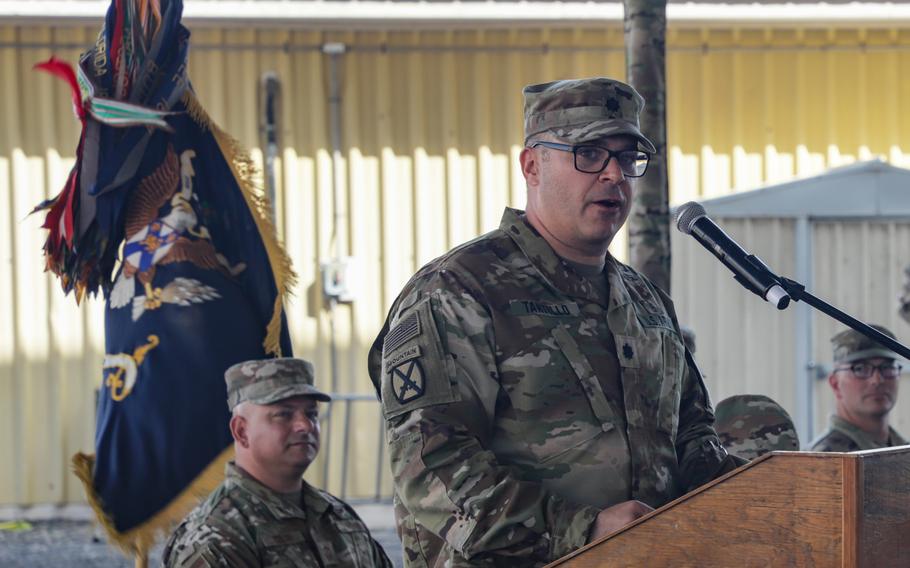 Lt. Col. Frank Tantillo, commander, 1-102nd Infantry Regiment (Mountain), Task Force
Iron Gray, Combined Joint Task Force  Horn of Africa, addresses attendees during a transfer of authority ceremony at Camp Lemonnier, Djibouti, Jan. 8, 2022. 