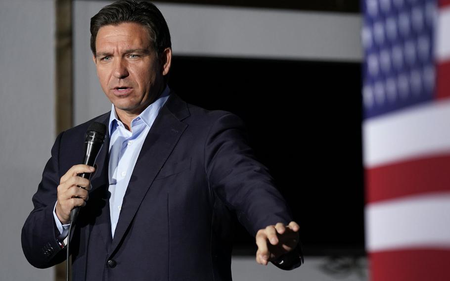 Florida Gov. Ron DeSantis speaks during a meet and greet, Saturday, Oct. 14, 2023, in Creston, Iowa.