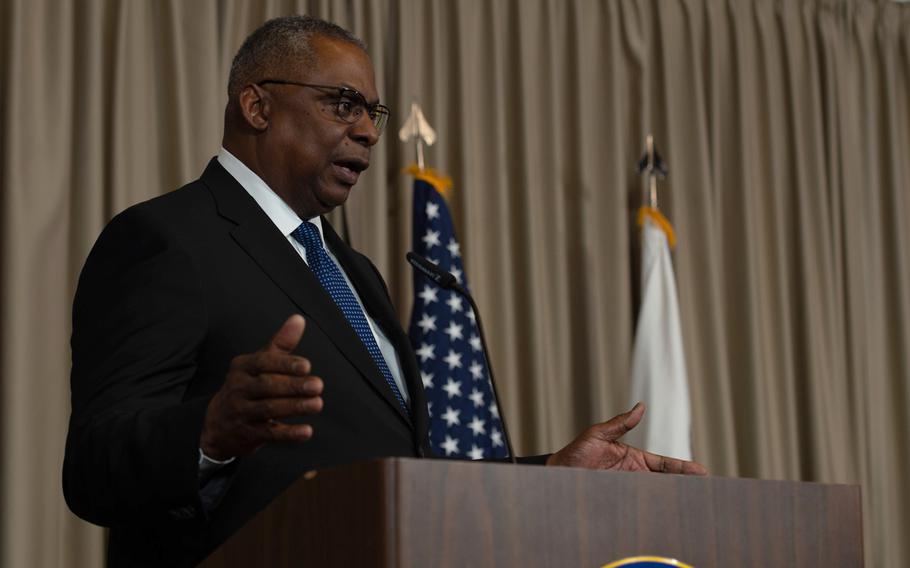 Defense Secretary Lloyd Austin speaks to reporters following the Ukraine Contact Group meeting at Ramstein Air Base, Germany, on Friday, Jan. 20, 2023.