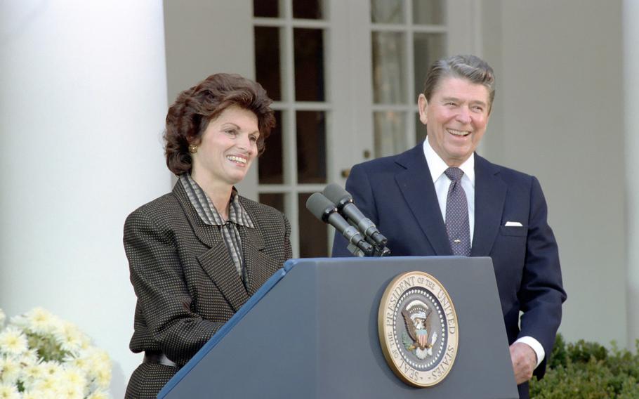 Then-President Ronald Reagan announcing the nomination of Ann McLaughlin as labor secretary on November 3, 1987. 