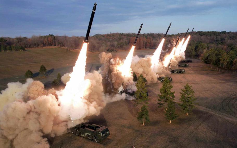 North Korea tests a multiple launch rocket system in this image released by the state-run Korean Central News Agency, March 19, 2024.