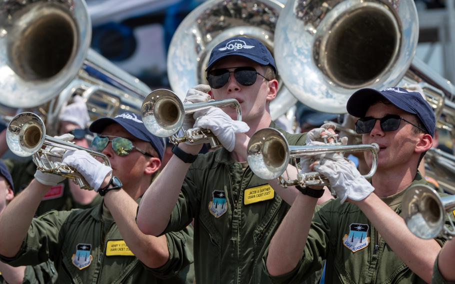 The U.S. Air Force Academy Band performs during the Charleston Airshow at Joint Base Charleston, S.C., Saturday, April 20, 2024. 
