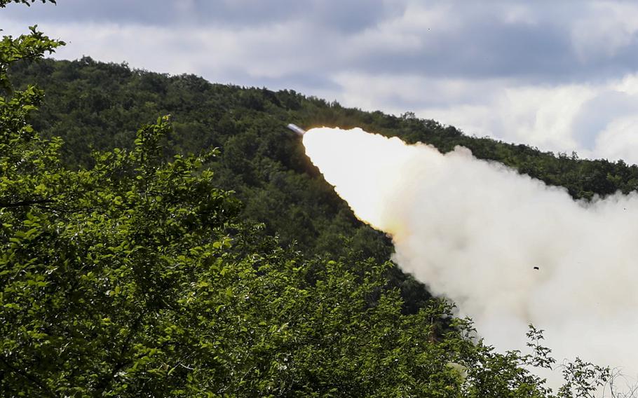 A rocket flies over a range at  Novo Selo, Bulgaria, June 1, 2021. U.S. soldiers assigned to 1st Battalion, 77th Field Artillery Regiment, 41st Field Artillery Brigade flew in from Germany that morning with their artillery for the live-fire exercise. 