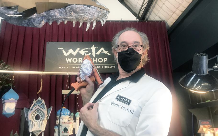 Dr Tinfoil shows off his skills as a movie prop maker during a tour of the Weta workshop in Wellington, New Zealand.
