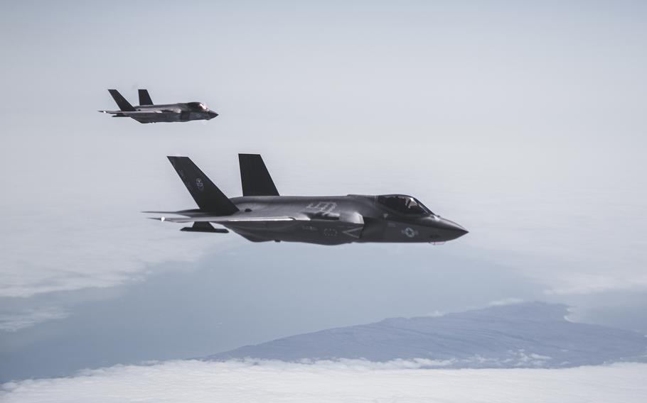 F-35C Lightning II stealth fighters on their way to Australia from California prepare for aerial refueling over the Pacific Ocean, June 17, 2023. 