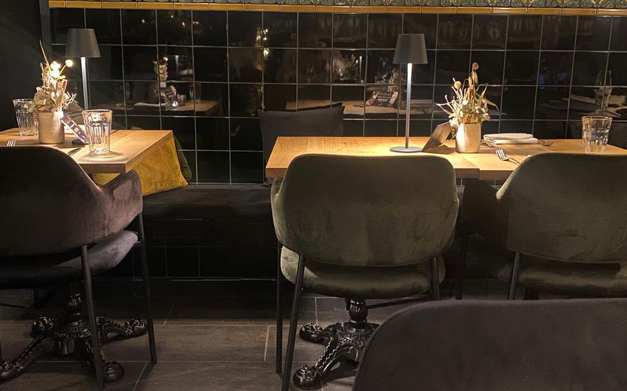 The black-and-green Art Deco room is the main indoor dining area at Joujou. Seating up to 24 customers, it features custom-made tiles and other decorative touches designed to evoke the 1920s.