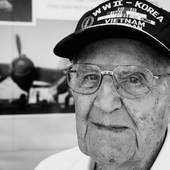 O’Neil Ducharme, U.S. Marine Corps veteran, stands for a photo at MacDill Air Force Base, Fla., Saturday, March 30, 2024. Ducharme was honored at Tampa Bay AirFest for his service during World War II, the Korean War and Vietnam War.