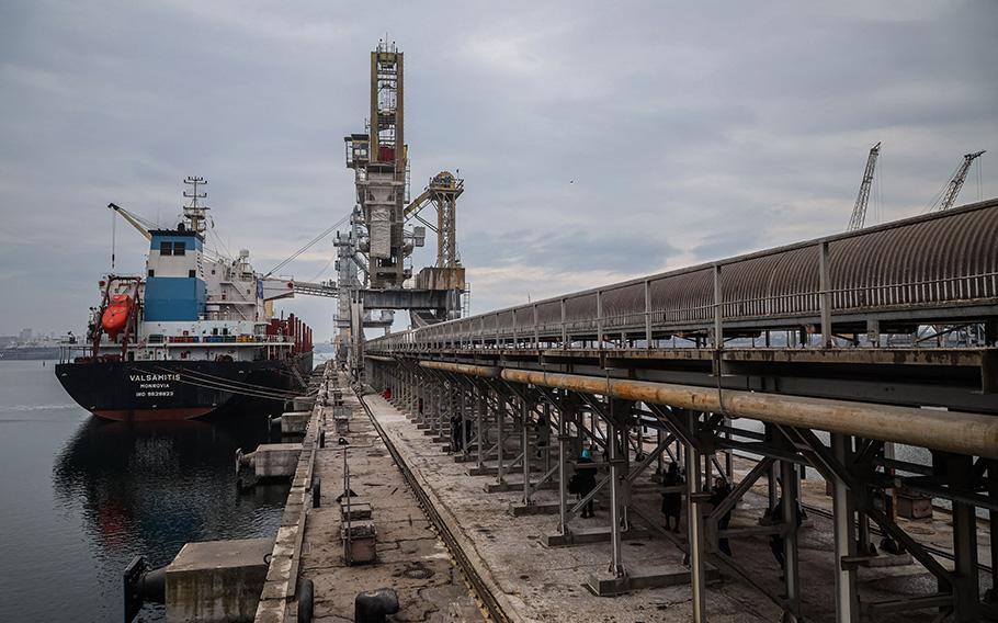 The UN-chartered vessel MV Valsamitis is loaded to deliver Ukrainian wheat to Kenya and Ethiopia, at the port of Chornomorsk, east of Odessa on the Black Sea coast amid the Russian invasion of Ukraine on Feb. 18, 2023.
