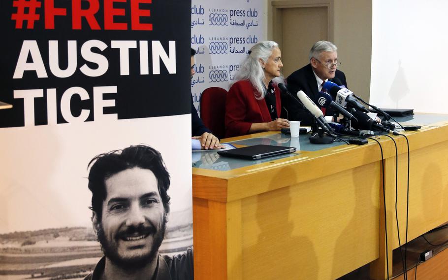 Marc and Debra Tice, the parents of Austin Tice, speak during a press conference, at the Press Club, in Beirut, Lebanon, Dec. 4, 2018. President Joe Biden says he's meeting with the parents of American journalist Austin Tice, who went missing in Syria 10 years ago. 