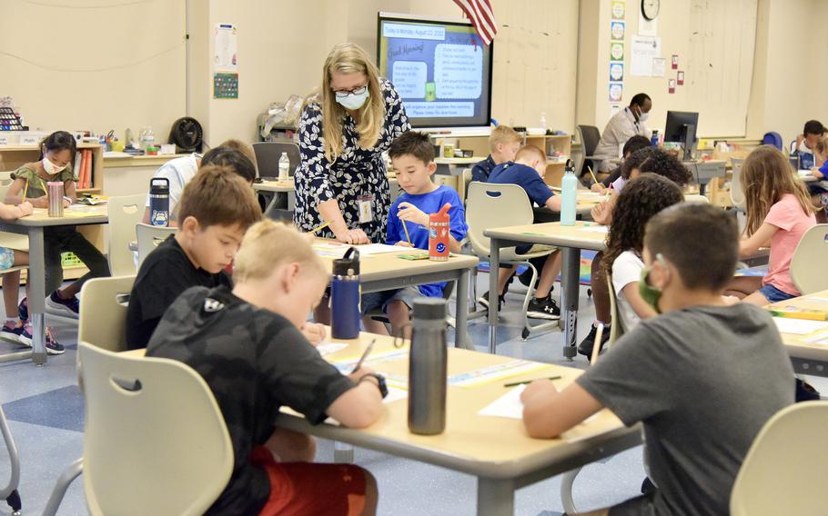 Jennifer Dillon teaches her fourth-graders on the first day of classes at Kadena Elementary School on Kadena Air Base, Okinawa, Monday, Aug. 22, 2022. 
