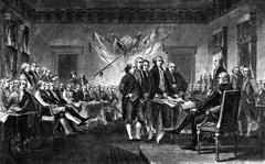 This undated engraving shows the scene on July 4, 1776 when the Declaration of Independence, drafted by Thomas Jefferson, Benjamin Franklin, John Adams, Philip Livingston and Roger Sherman, was approved by the Continental Congress in Philadelphia. The words "all men are created equal” are invoked often but are difficult to define. (AP Photo)