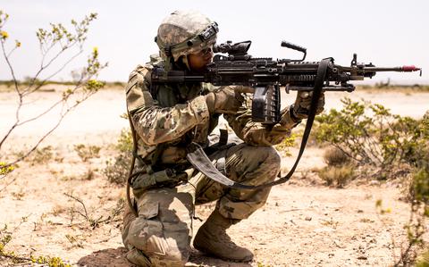 A soldier fires a M249 Squad Automatic Weapon during training in 2018 at Fort Bliss, Texas.
