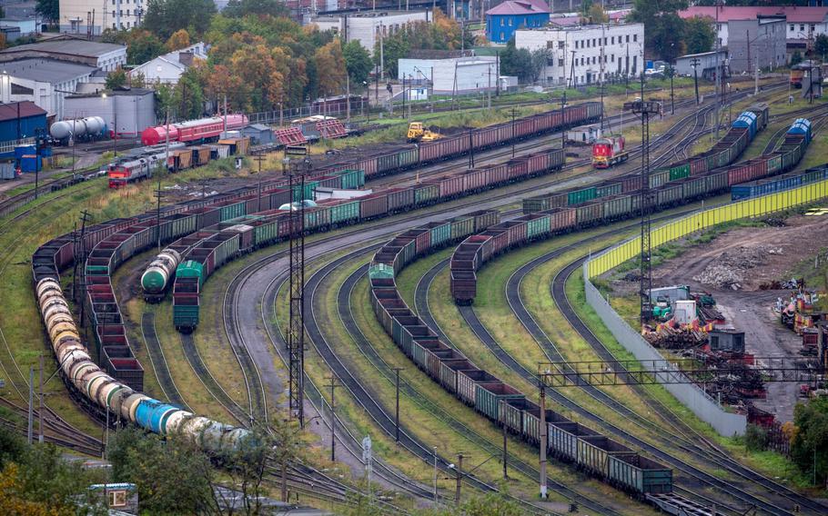 Freight cars line railway tracks at the Port of Murmansk, in Murmansk, Russia, on Sept. 14, 2019. 