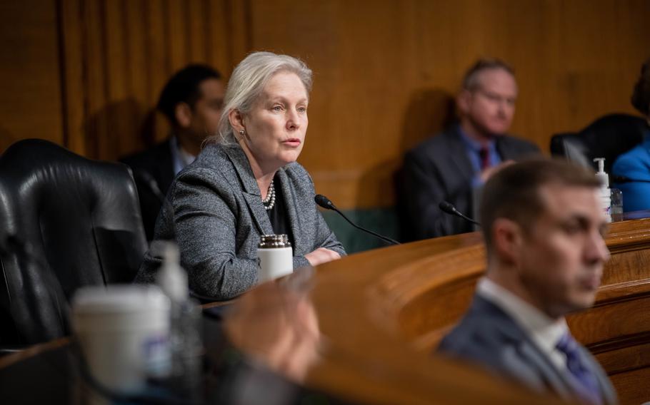 Sen. Kirsten Gillibrand, D-N.Y., asks questions during a Defense Department budget hearing in March 2022. 