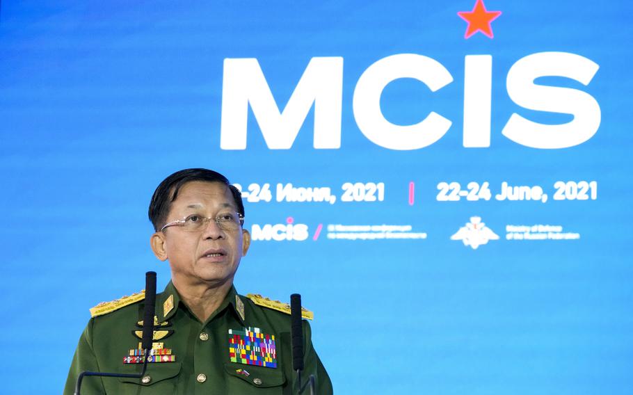 Commander-in-Chief of Myanmar’s armed forces, Senior General Min Aung Hlaing delivers his speech at the IX Moscow conference on international security in Moscow, Russia, Wednesday, June 23, 2021.