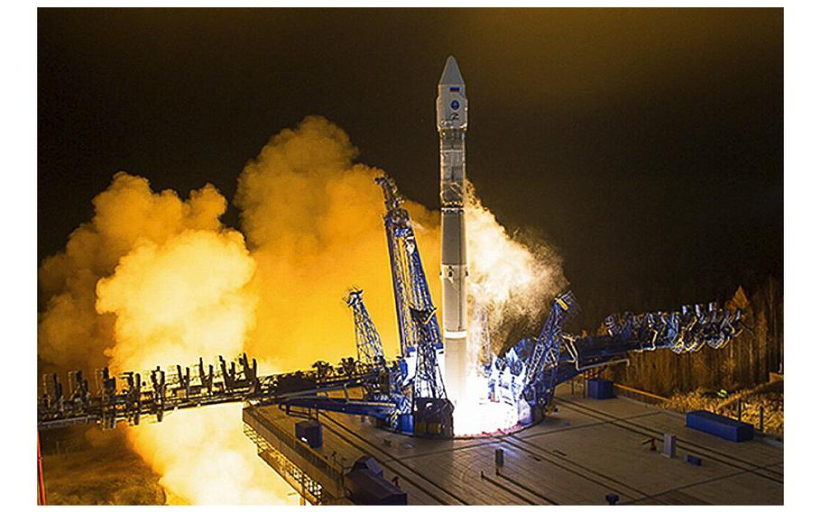 A Russian Soyuz-2.1v rocket launches from the Arkhangelsk Region of northwestern Russia carrying a classified payload to a Sun-synchronous orbit, according to a Russian Defense Ministry posting on Saturday, Oct. 22, 2022.