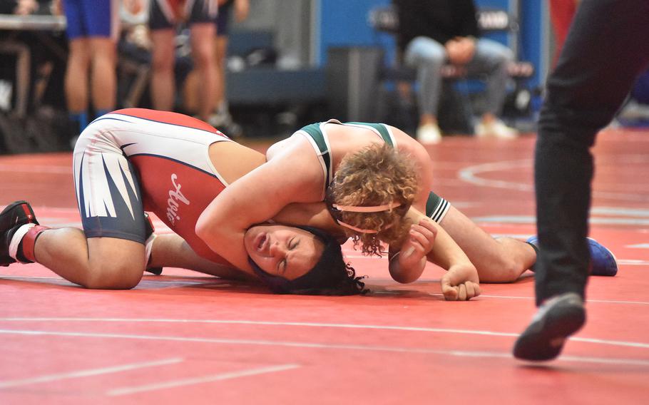 Naples' Treyvon Hoffstatter went on to pin Aviano's Cruz Cottingham at 190 pounds Saturday, Feb. 4, 2023, at the DODEA-Europe Southern Europe regional at Aviano Air Base, Italy.