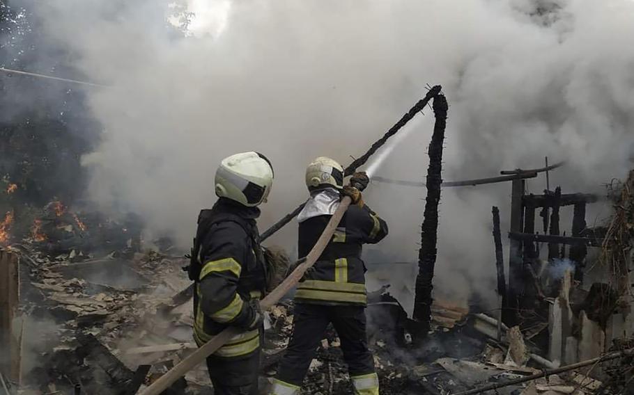 Ukraine firefighters work to extinguish a fire at damaged residential building in Lysychansk, Luhansk region, Ukraine, early Sunday, July 3, 2022. Pro-Russian officials in the Luhansk and Donetsk people’s republics pleaded Monday, Sept. 19, 2022, for urgent votes calling on Moscow to immediately annex the territories.