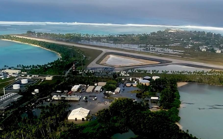 A screenshot of an aerial video taken over Roi-Namur, Marshall Islands, shows flood water inundating the island on Jan. 21, 2024, the day after massive waves.