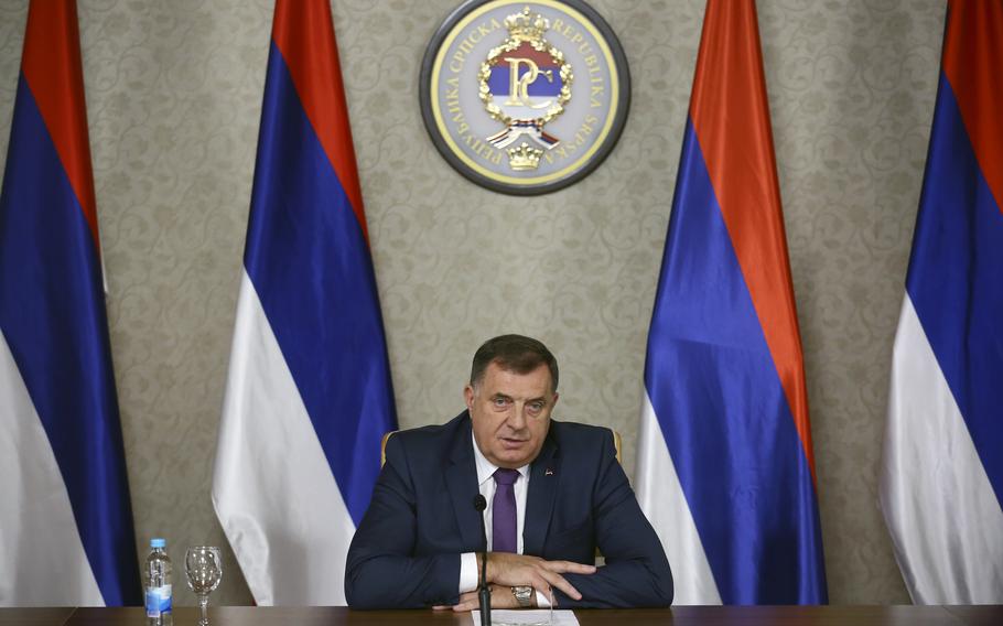 Milorad Dodik, the Bosnian Serb member of the tripartite Presidency of Bosnia, attends a briefing in Sarajevo, Bosnia, on Nov. 8, 2021. The Biden administration on Wednesday, Jan. 5, 2022, announced sanctions against Dodik, accusing him of “corrupt activities” that threaten to destabilize the region and undermine peace accords. 