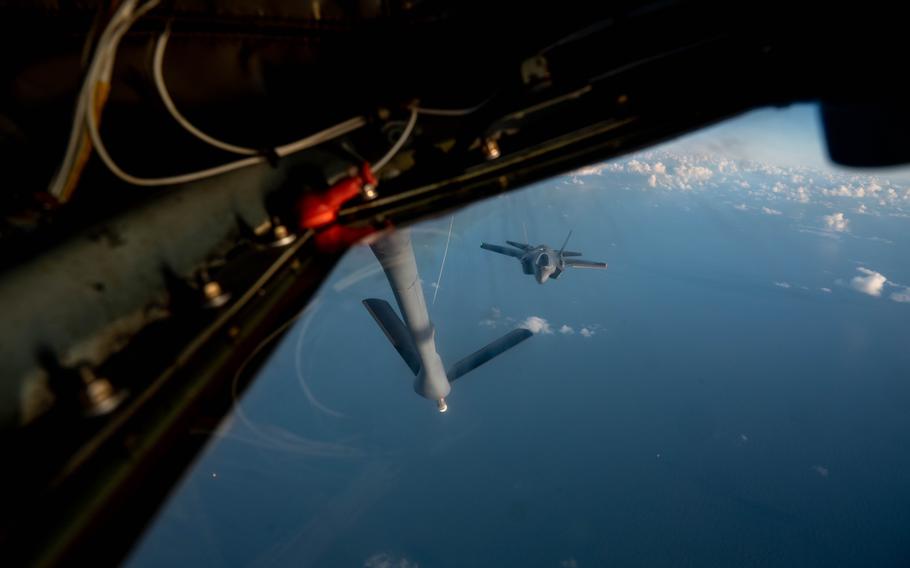 An Air Force F-35A Lightning II prepares to receive fuel from a KC-135 Stratotanker over England on Dec. 7, 2023.